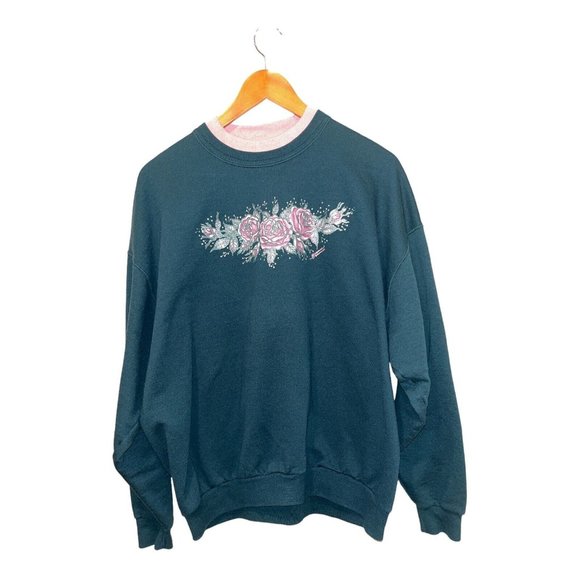 Vintage 90s Morning Sun Pink Roses Collared Crewneck Sweater Size L USA Made - Picture 1 of 7